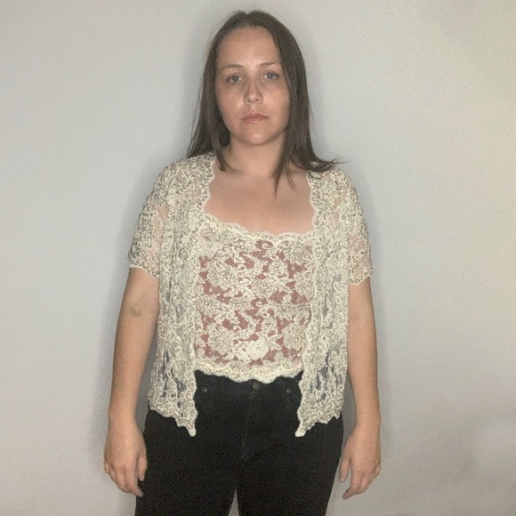 Beaded Sheer Lace Tank And Short Sleeve Cardigan - Picture 10 of 10